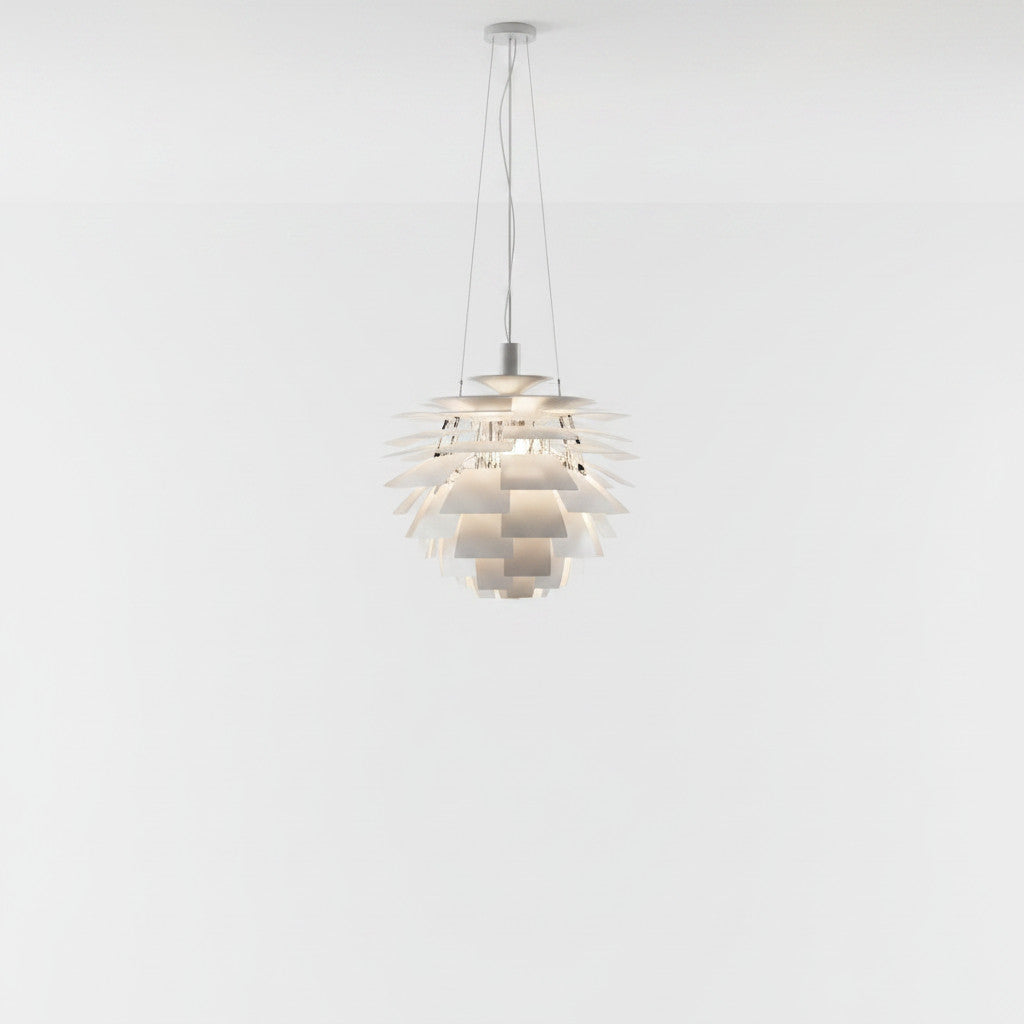 Lysverden Kongle sculptural pendant lamp in white metal with layered lamella design for soft glare-free lighting