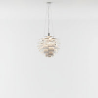 Lysverden Kongle sculptural pendant lamp in white metal with layered lamella design for soft glare-free lighting