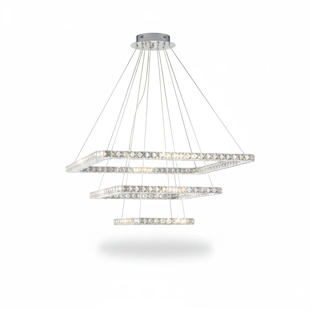 Lysverden Krystall square tiered LED pendant chandelier in chrome with sparkling crystal glass accents