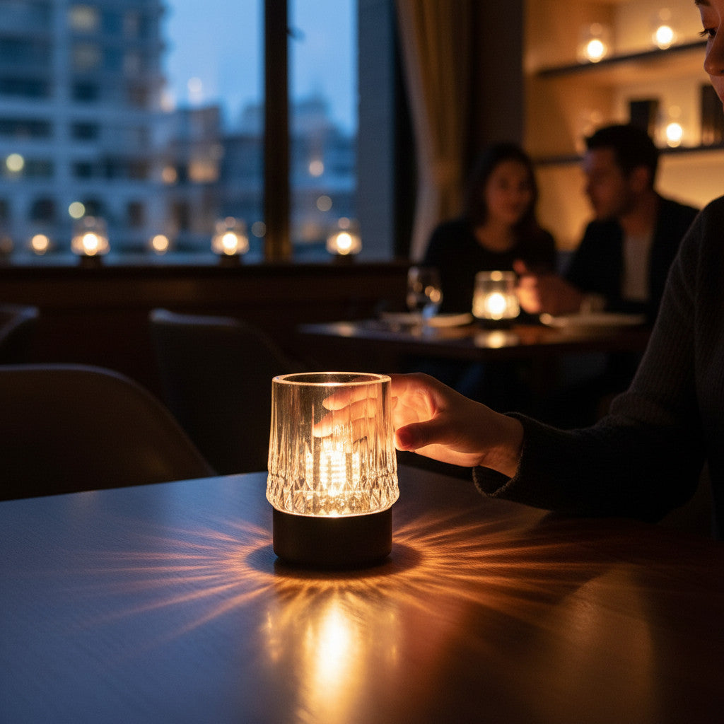 Lysverden Krystall touch-bordlampe with faceted crystal shade and dark metal base, 3 brightness levels, warm white light.