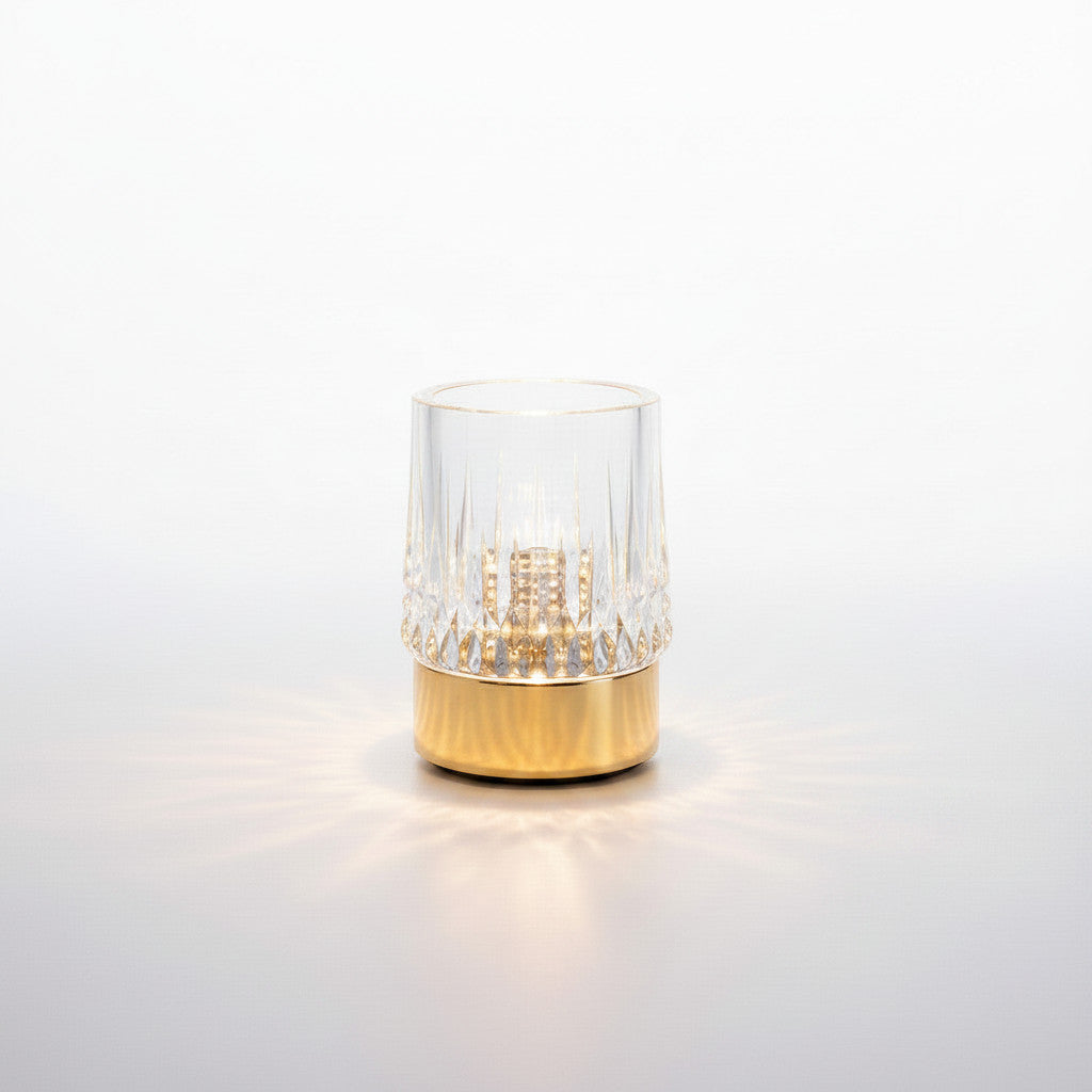 Lysverden Krystall touch-bordlampe with faceted crystal shade and gold metal base, 3 brightness levels, wireless