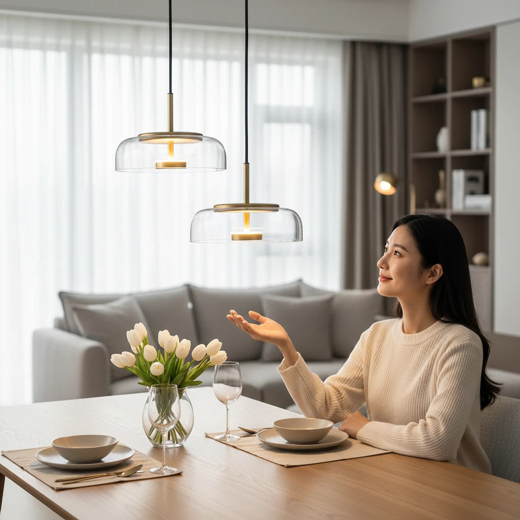 Lysverden KUPPEL pendant lamps with clear glass domes and brass reflectors hanging over a modern dining table