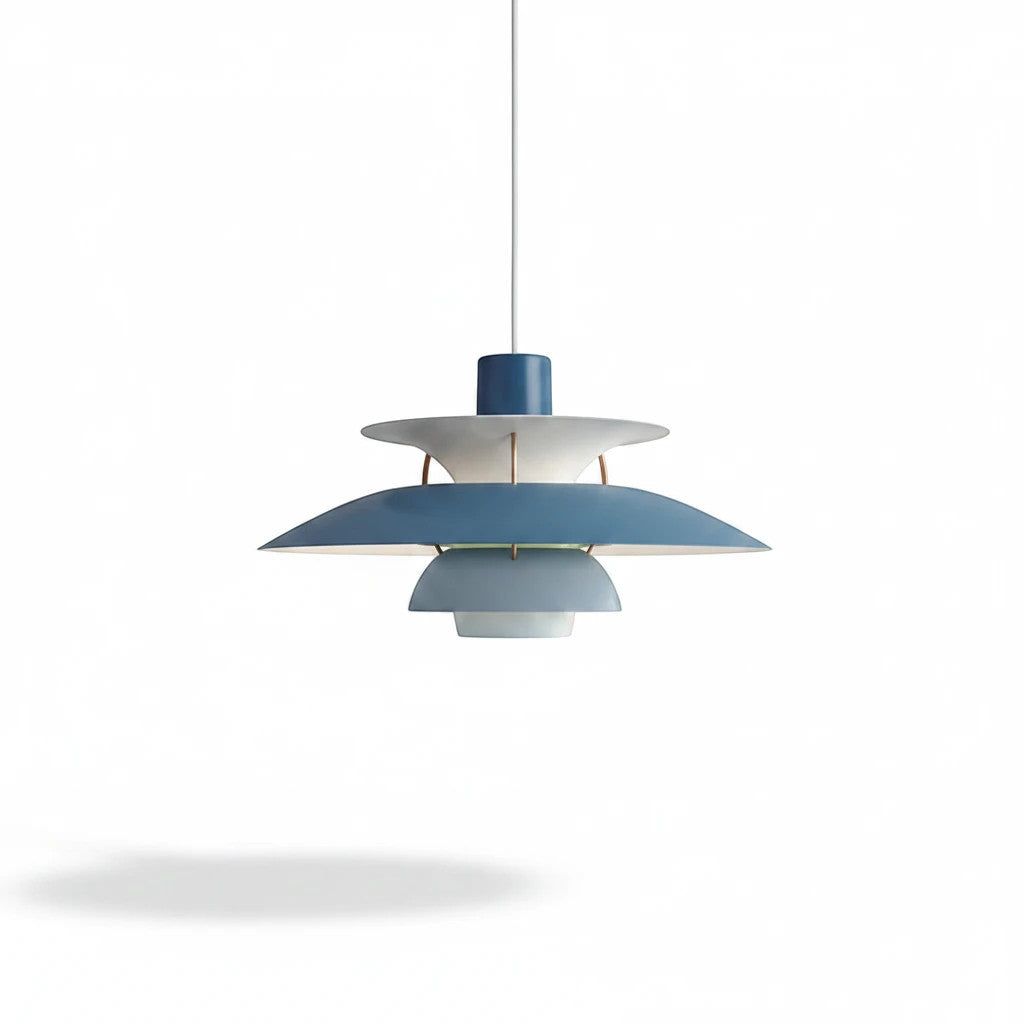 Lysverden Lamell pendant lamp in blue and white metal with a retro Scandinavian tiered design for soft lighting.