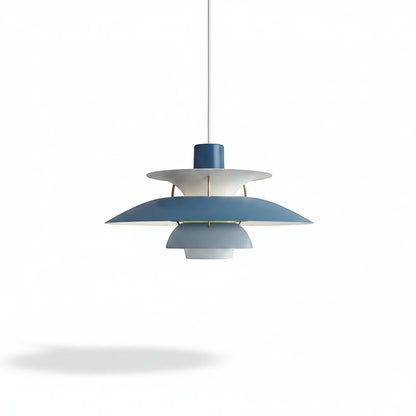 Lysverden Lamell pendant lamp in blue and white metal with a retro Scandinavian tiered design for soft lighting.