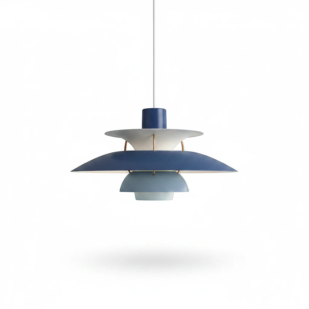 Lysverden Lamell pendant lamp in blue and white layered metal with a Scandinavian retro design for soft lighting.