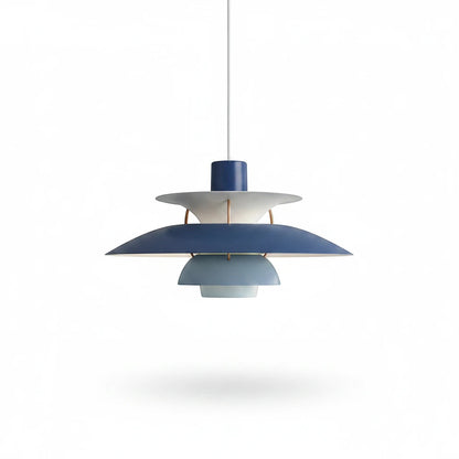 Lysverden Lamell pendant lamp in blue and white layered metal with a Scandinavian retro design for soft lighting.