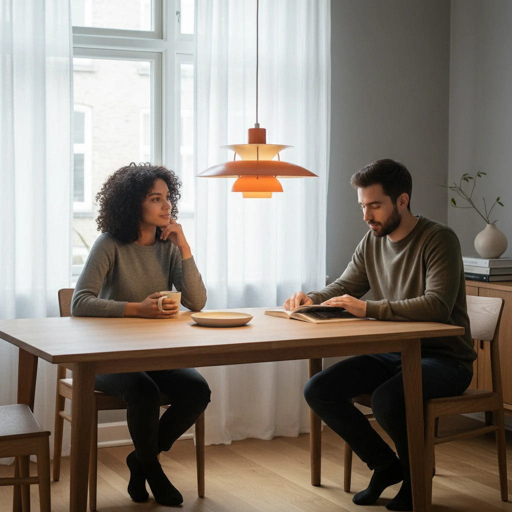 Lysverden Lamell pendant lamp in orange metal hanging over a wooden dining table with a couple sitting in a home