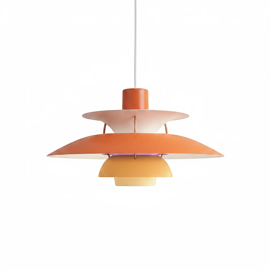 Lysverden Lamell pendant lamp in retro orange and yellow pastel tones with a layered Scandinavian design
