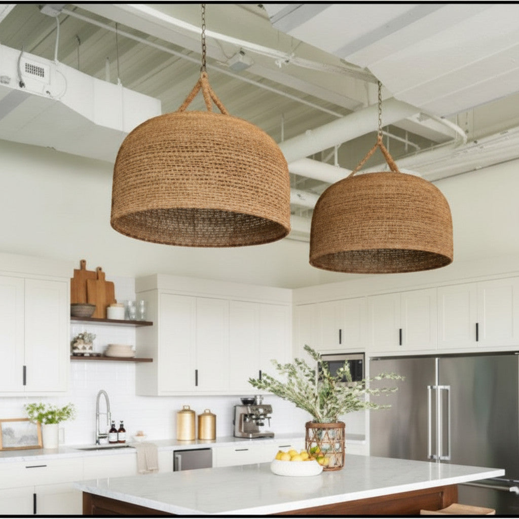 Lysverden large dome-shaped natural rattan pendant lights hanging over a modern kitchen island with white cabinets.