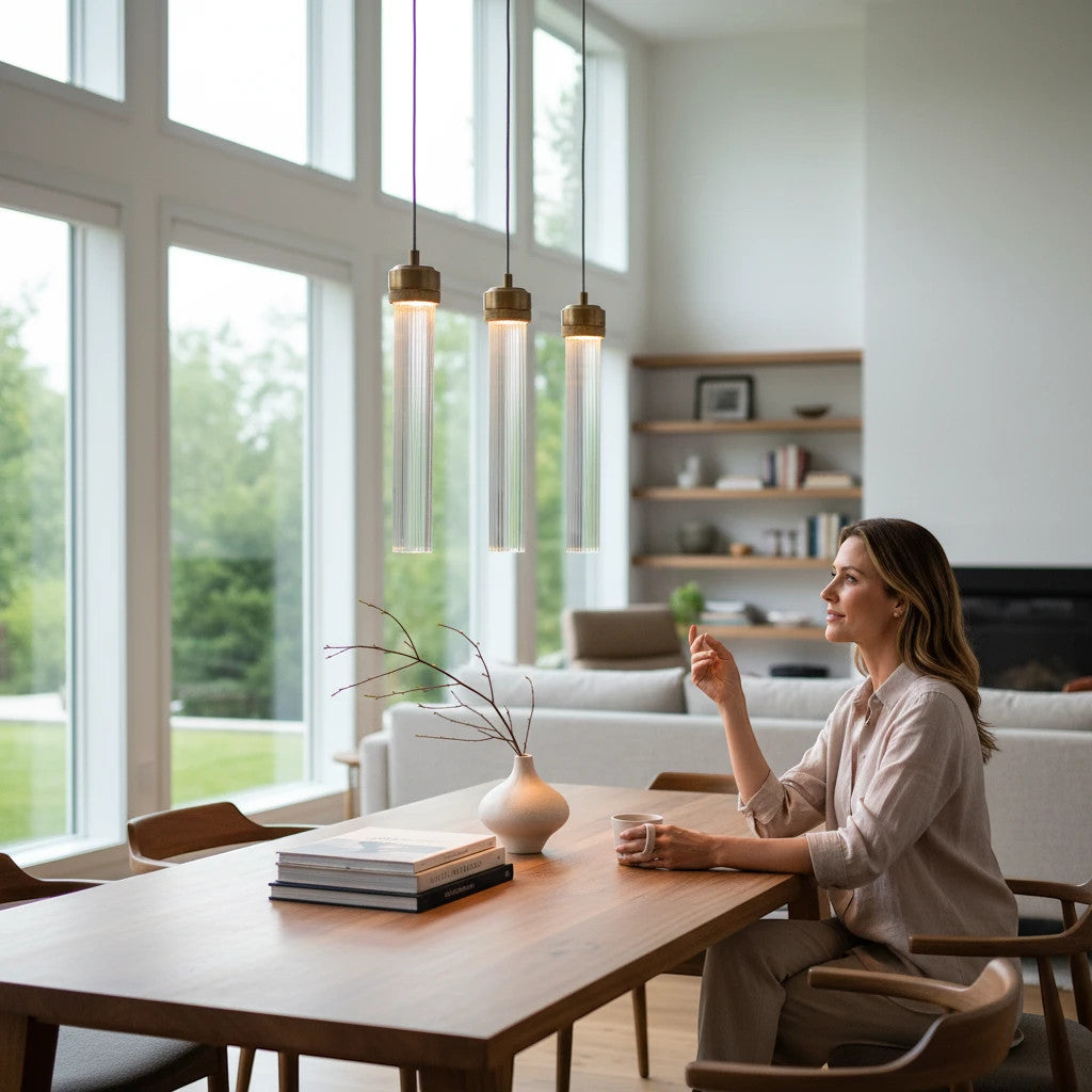Lysverden modern LED pendant lights with transparent acrylic tubes and gold accents hanging over a dining table.