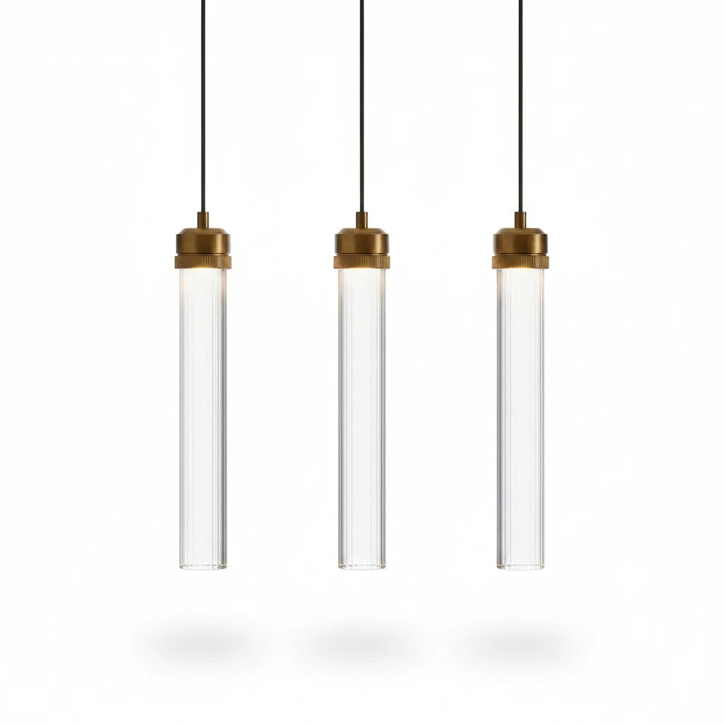 Lysverden modern LED pendant lights with slim transparent acrylic tubes and elegant gold metal accents.