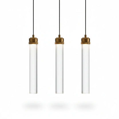 Lysverden modern LED pendant lights with slim transparent acrylic tubes and elegant gold metal accents.