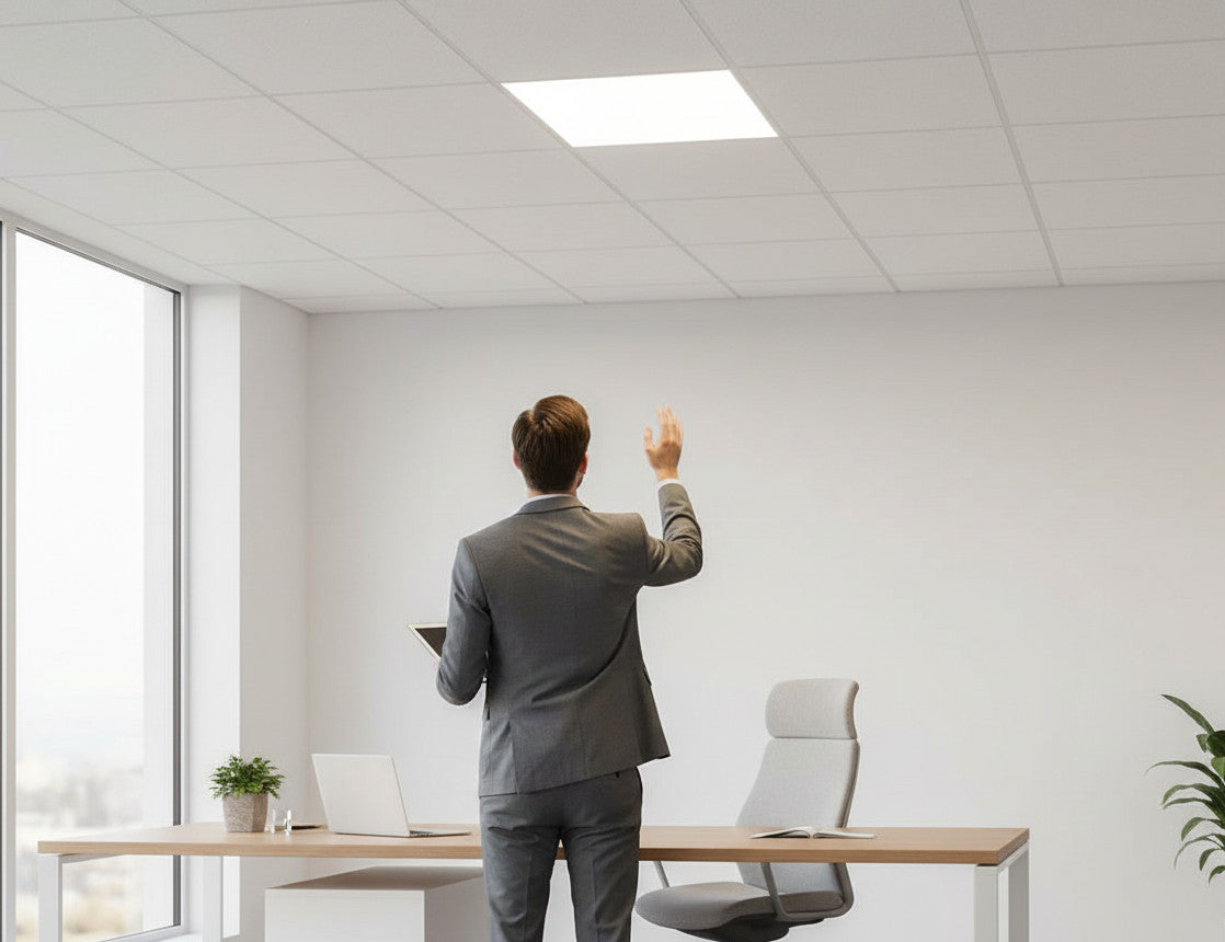 Lysverden 60x60cm LED panel light, UGR<19, 25W adjustable, 4000K neutral white, for offices and classrooms.