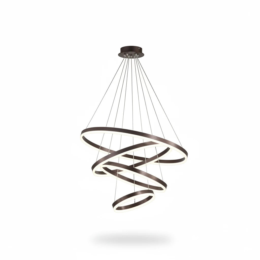 Lysverden modern LED chandelier with three cascading circular rings in a dark coffee finish for elegant dining lighting