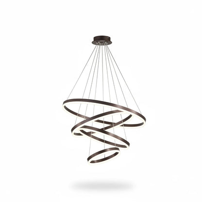 Lysverden modern LED chandelier with three cascading circular rings in a dark coffee finish for elegant dining lighting