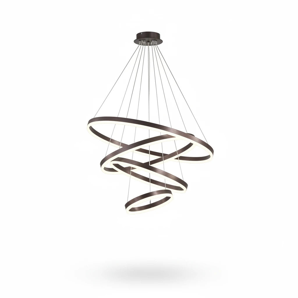 Lysverden modern LED chandelier with three cascading coffee-colored metal rings and integrated warm white lighting.