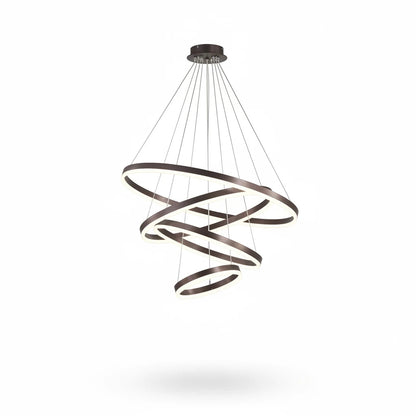Lysverden modern LED chandelier with three cascading coffee-colored metal rings and integrated warm white lighting.