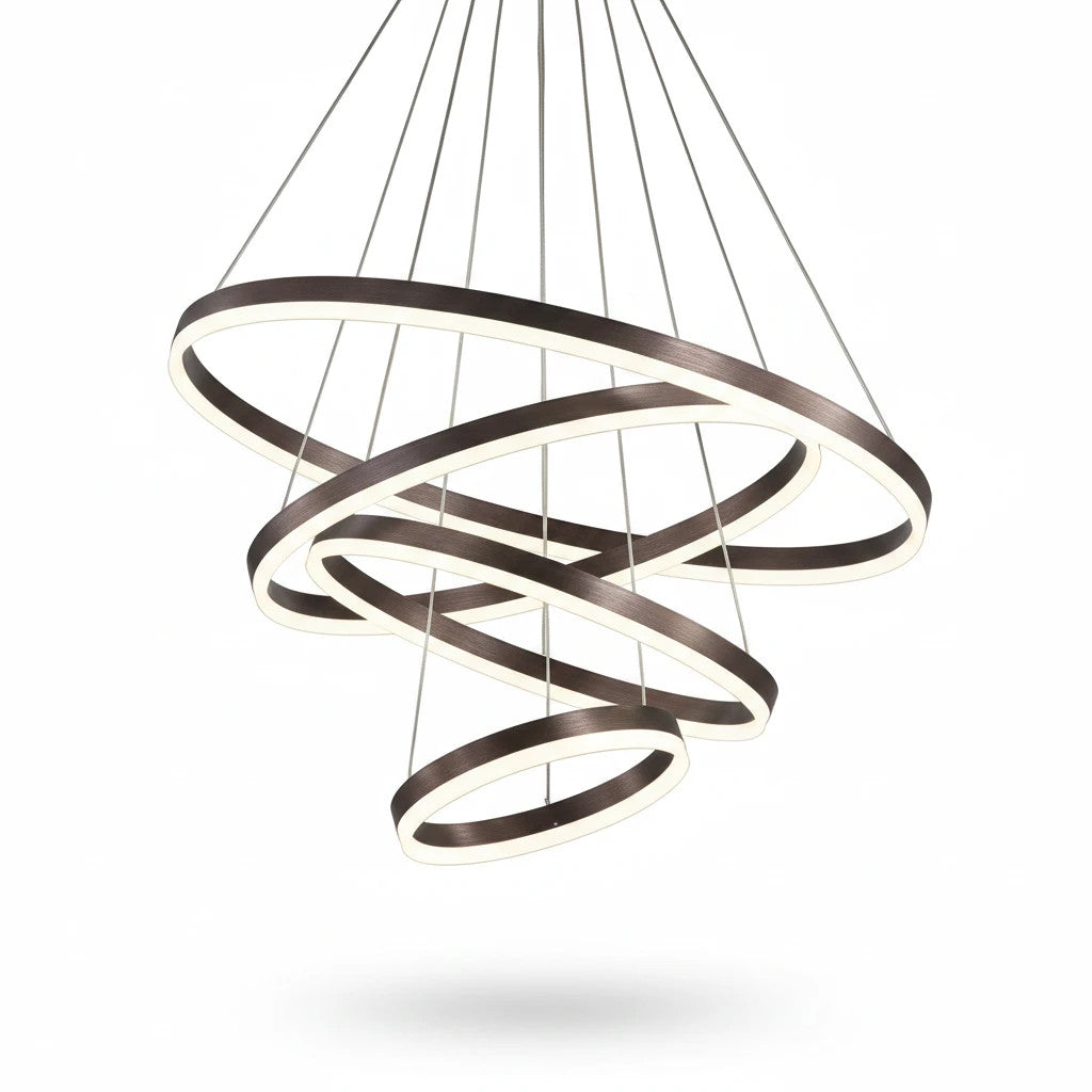 Lysverden modern LED chandelier with three cascading coffee-colored metal rings and integrated warm white lighting.