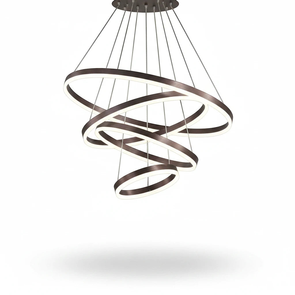 Lysverden modern LED chandelier with three stacked circular rings in a dark bronze finish for elegant dining lighting