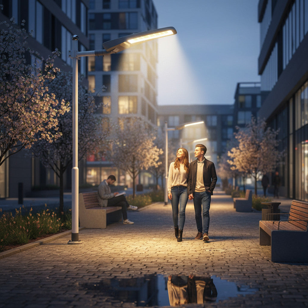 Lysverden LED-gatelys i grå aluminium med Osram-driver, IP65, semi-justerbar brakett og asymmetrisk optikk.