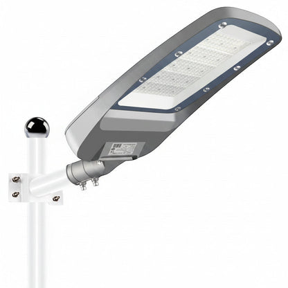 Lysverden grey aluminum LED street light with Osram driver, IP65 rated, semi-adjustable bracket, and asymmetric optics.