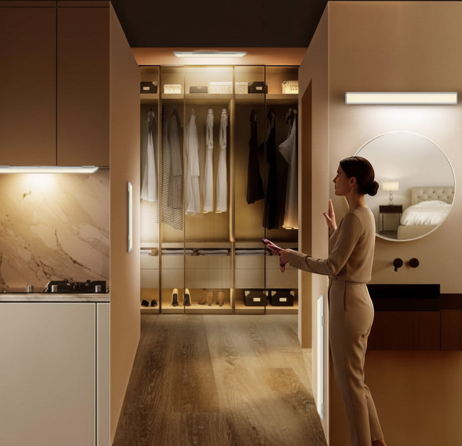 Lysverden LED under cabinet lighting with motion sensor, wireless USB-C rechargeable, brushed aluminum, adjustable color temperature.