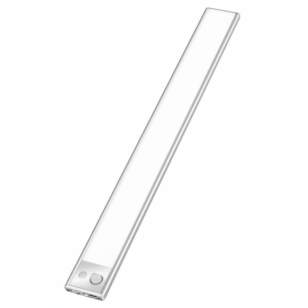 Lysverden LED under-cabinet light with motion sensor, USB-C rechargeable, brushed aluminum, adjustable color temperature.