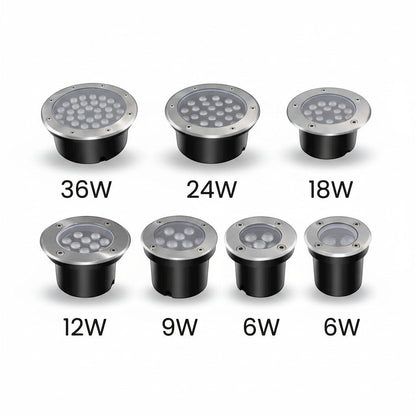 Lysverden stainless steel IP68 LED underwater lights in various wattages (6W-36W) for pools and fountains.