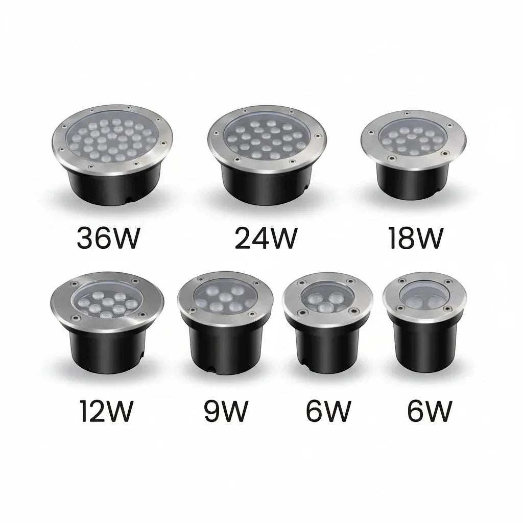 Lysverden stainless steel LED underwater lights in 6W, 9W, 12W, 18W, 24W, 36W. IP68 waterproof, ideal for pools & fountains.