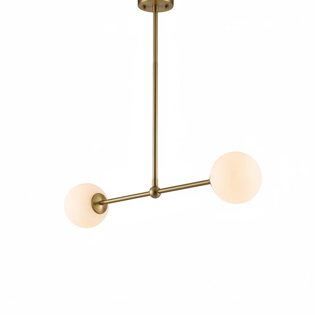 Lysverden linear pendant lamp with a brass finish and two opal white glass globes for soft, glare-free lighting.