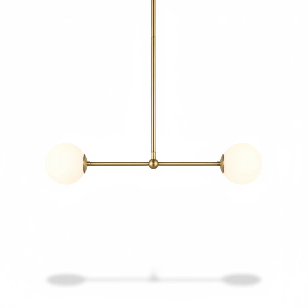 Lysverden linear pendant lamp with a brass finish and two opal white glass globes for soft, glare-free lighting.