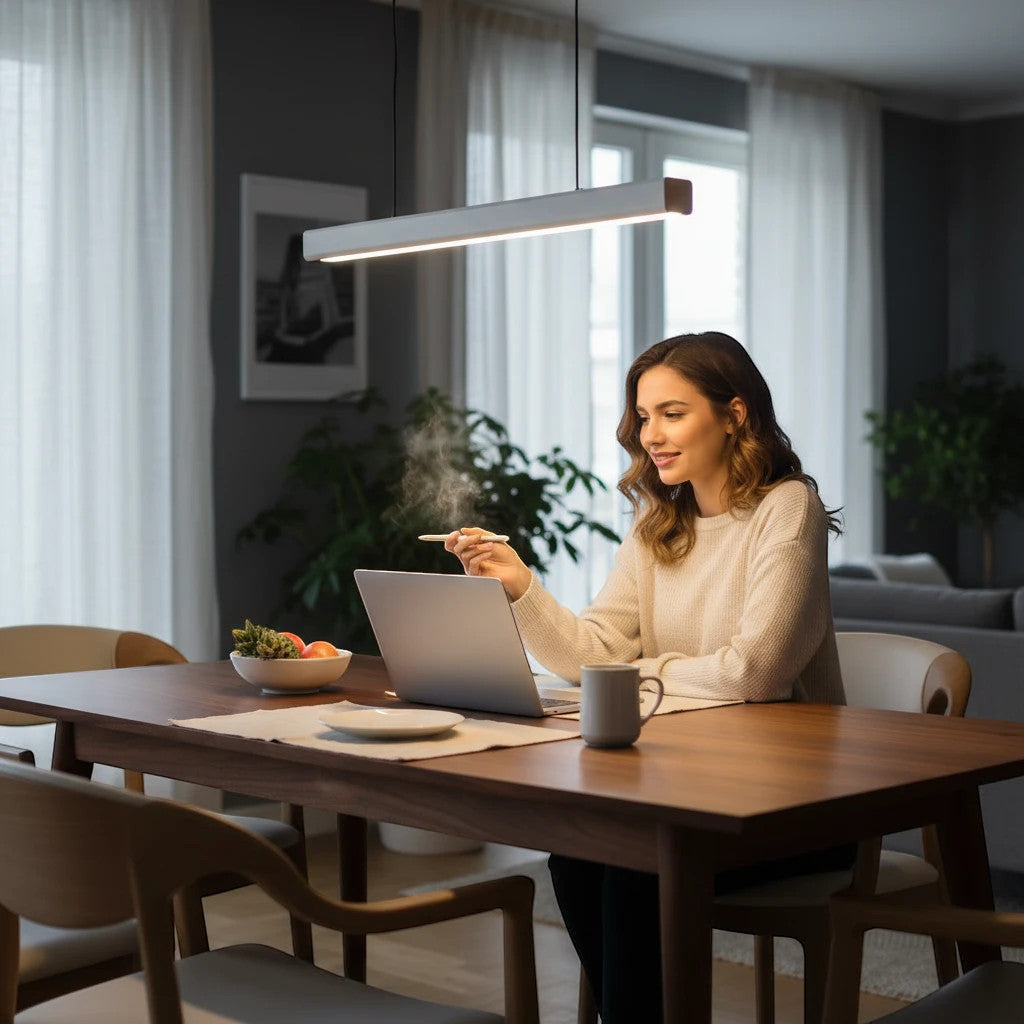Lysverden linear LED pendant light with wood detail hanging over a dining table where a woman works on a laptop.