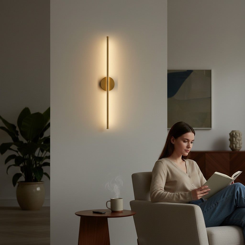 Lysverden 72 cm linear wall lamp in brushed brass aluminum with touch and remote control, 3 light colors, dimmable.