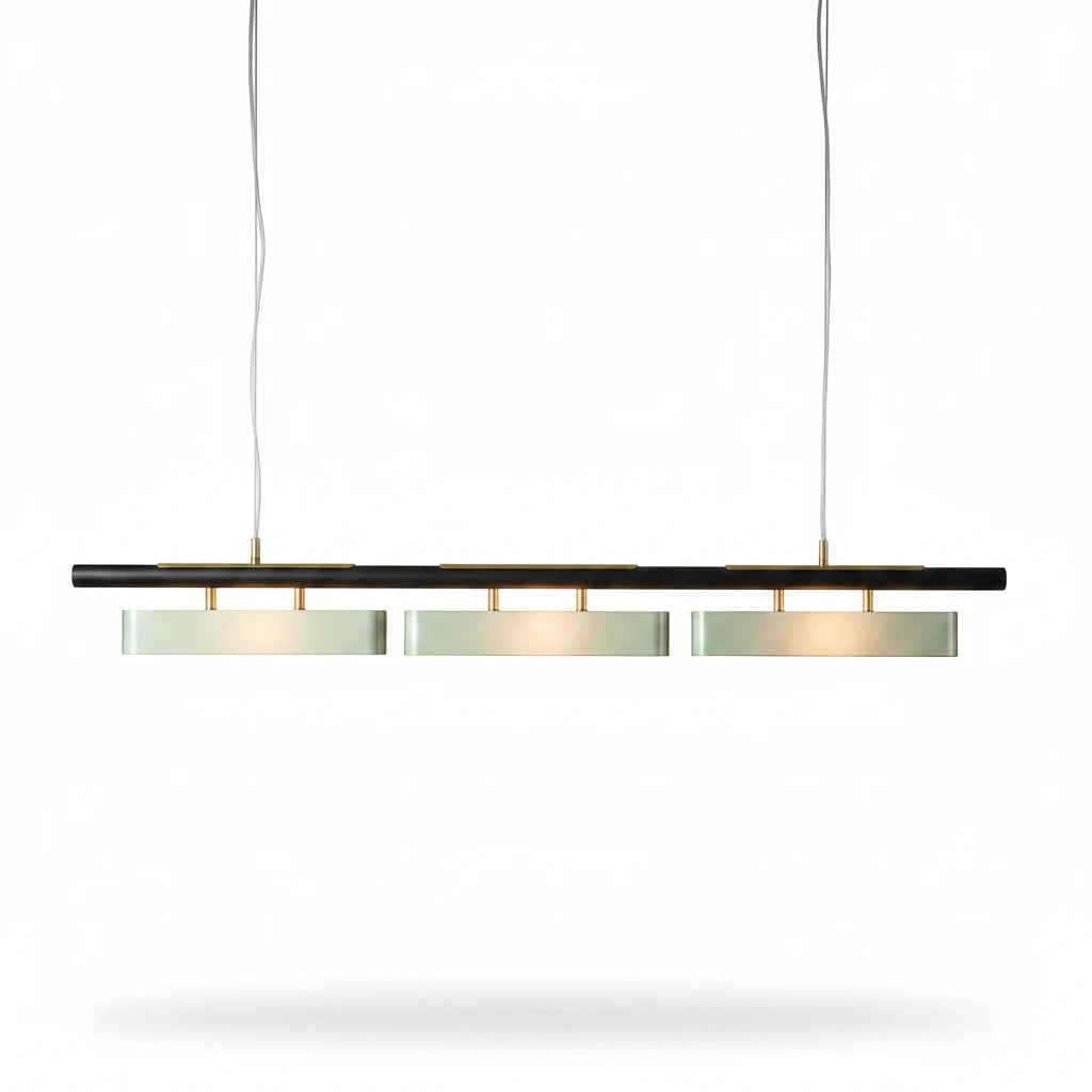 Lysverden linear pendant light featuring wood, brushed brass, and black accents with integrated warm LED lighting.