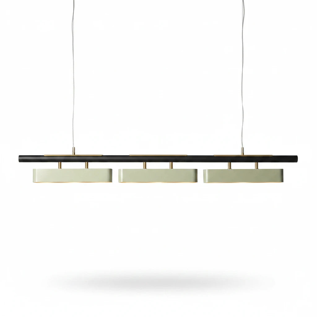 Lysverden linear pendant light featuring a black bar with brushed brass accents and three light modules.