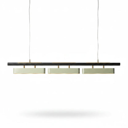 Lysverden linear pendant light featuring a black bar with brushed brass accents and three light modules.