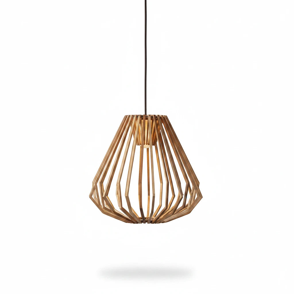 Lysverden LYS Trependel pendant lamp with geometric natural wood slats creating a warm, decorative light effect.