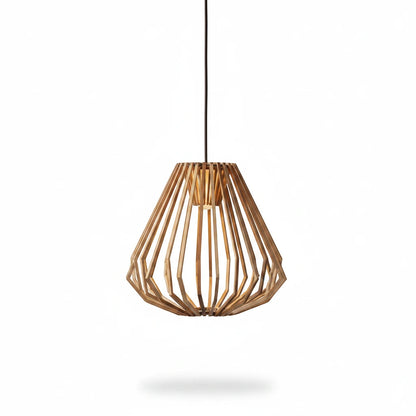 Lysverden LYS Trependel pendant lamp with geometric natural wood slats creating a warm, decorative light effect.