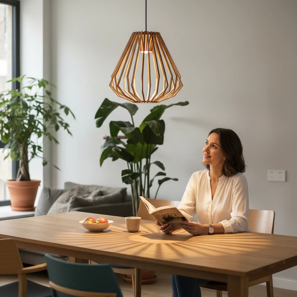 Lysverden LYS Trependel with geometric wooden slats hanging over a dining table, creating warm light and shadow patterns.