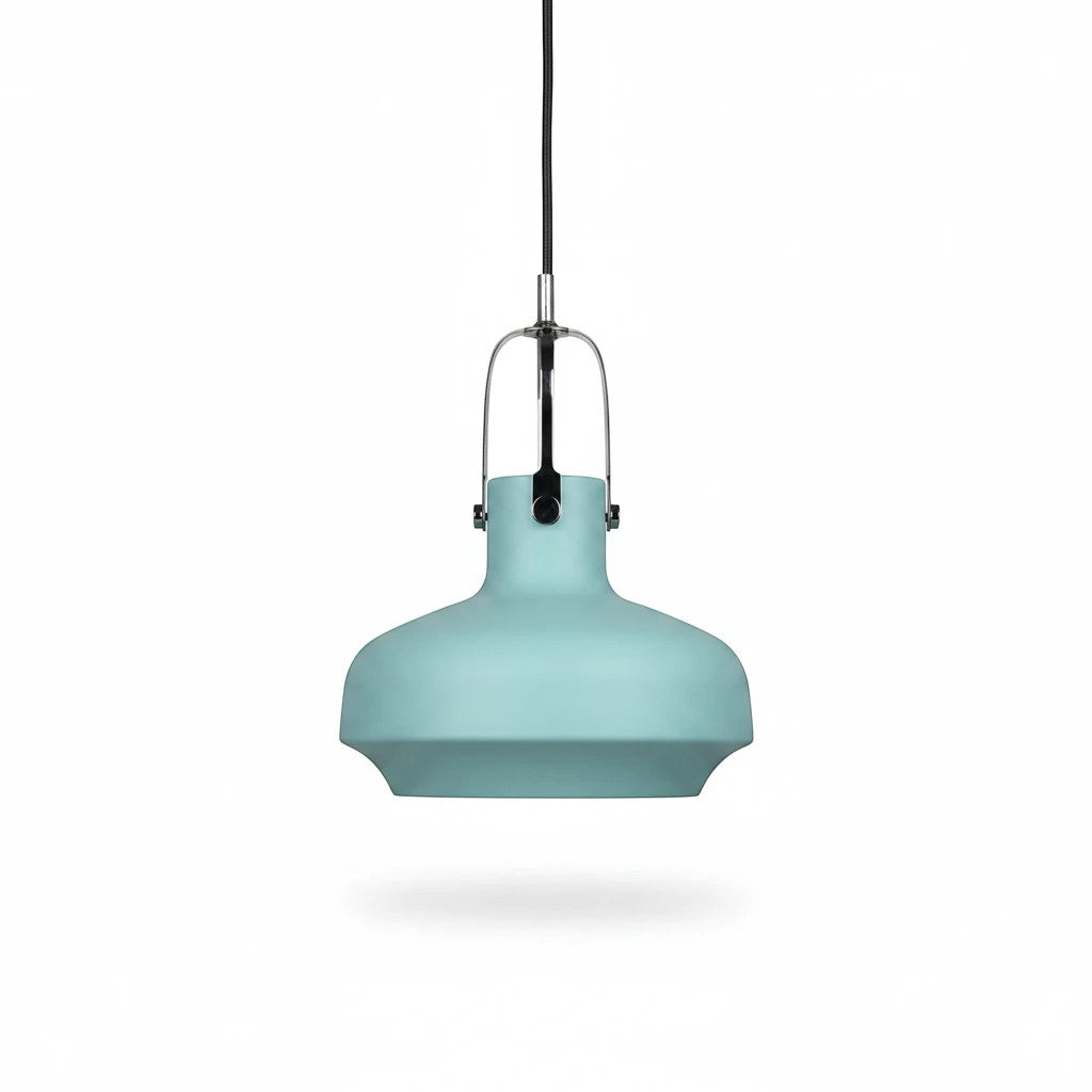 Lysverden Macaron pendant lamp in pastel blue with a curved metal shade and modern Nordic design.