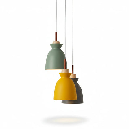 Lysverden macaron cone pendant lights in green, yellow, and grey metal with natural wood accents hanging in a cluster.
