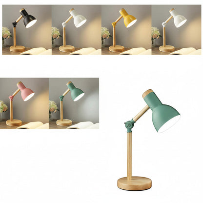 Lysverden macaron desk lamp with adjustable metal shade and wood base, available in pink, green, black, white, yellow, and grey.