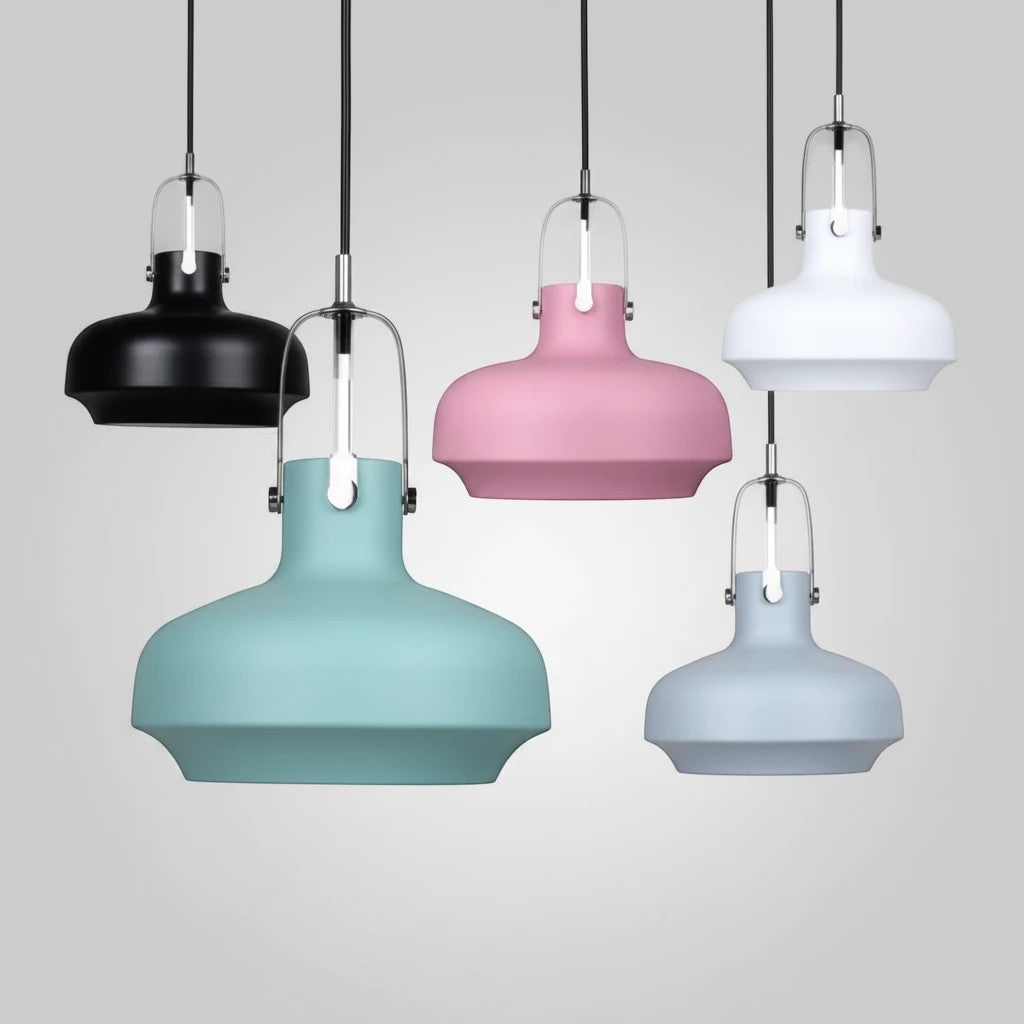 Lysverden Macaron pendant lamps with curved metal shades in assorted pastel and neutral colors hanging in a cluster.