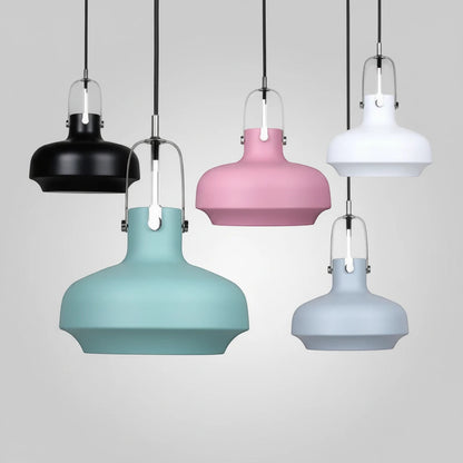 Lysverden Macaron pendant lamps with curved metal shades in assorted pastel and neutral colors hanging in a cluster.