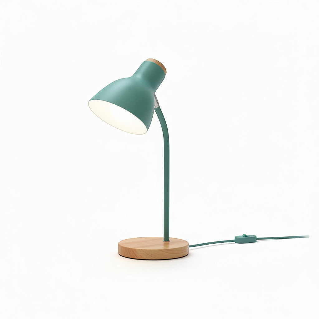 Lysverden Macaron Nordic desk lamp with adjustable green metal shade and wood base. Modern design.