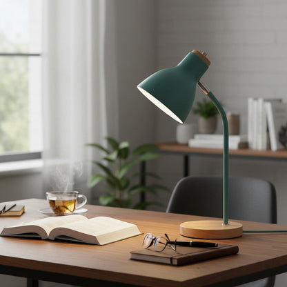 Lysverden Macaron Nordic desk lamp in teal with a wooden base and adjustable shade. Modern design.