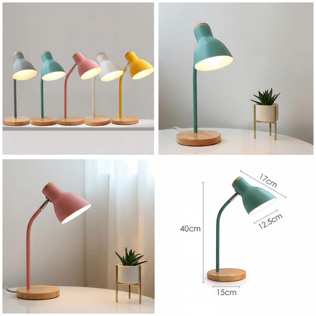 Lysverden Macaron Nordic desk lamp with adjustable metal shade and wood base, available in 6 macaron colors.