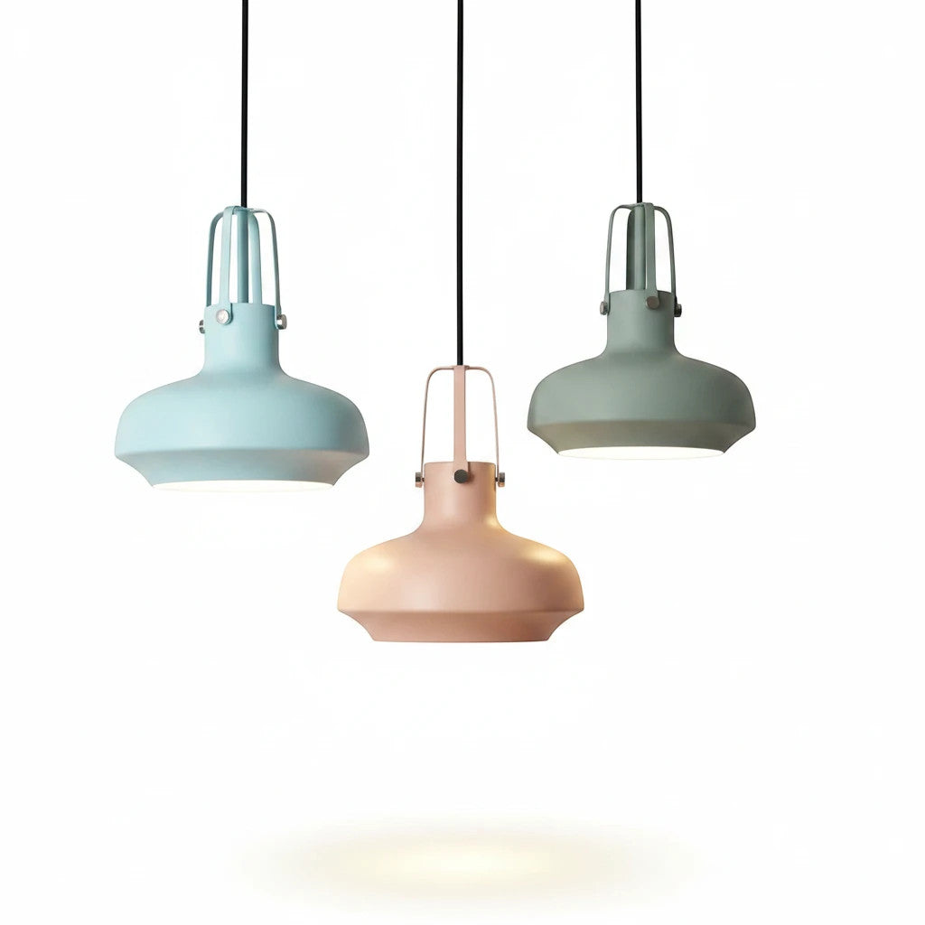 Lysverden Macaron metal pendant lamps in pastel blue, pink, and green hanging in a group for Nordic interior decor.