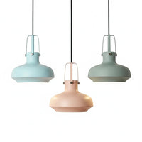 Lysverden Macaron metal pendant lights in pastel blue, pink, and green with a dome shape for modern Nordic interiors.