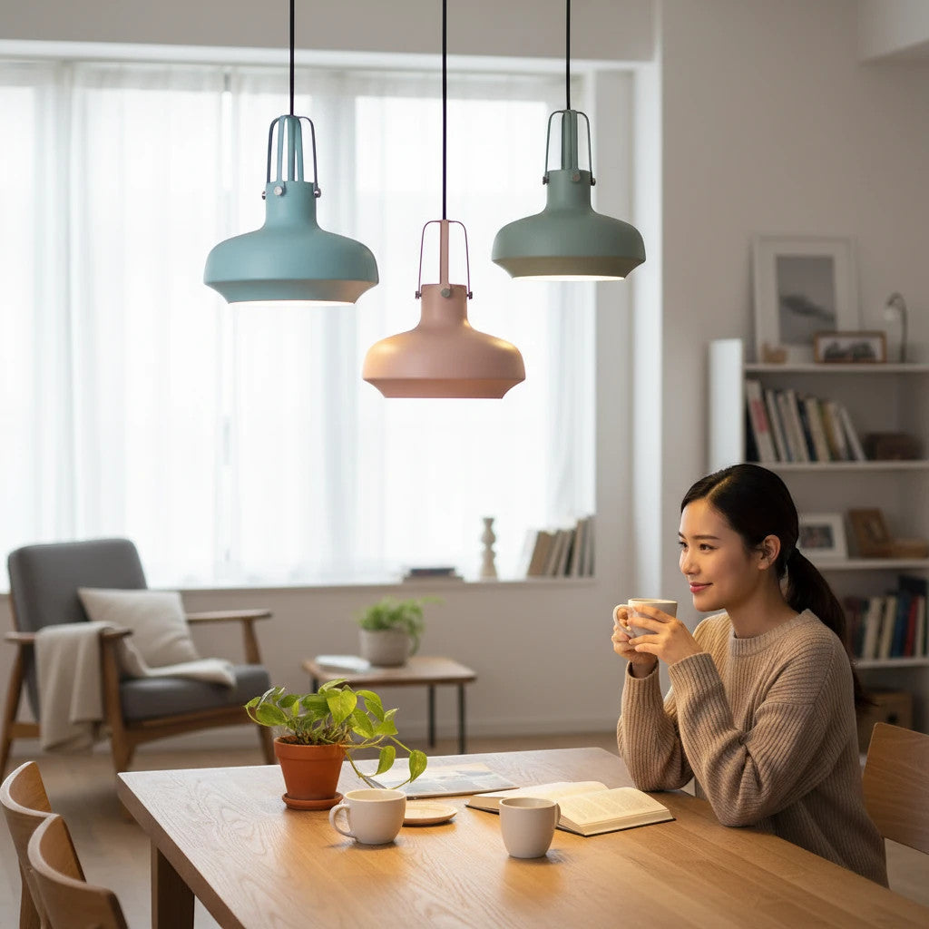 Lysverden Macaron metal pendant lights in pastel blue, pink, and green hanging over a dining table in a bright room.